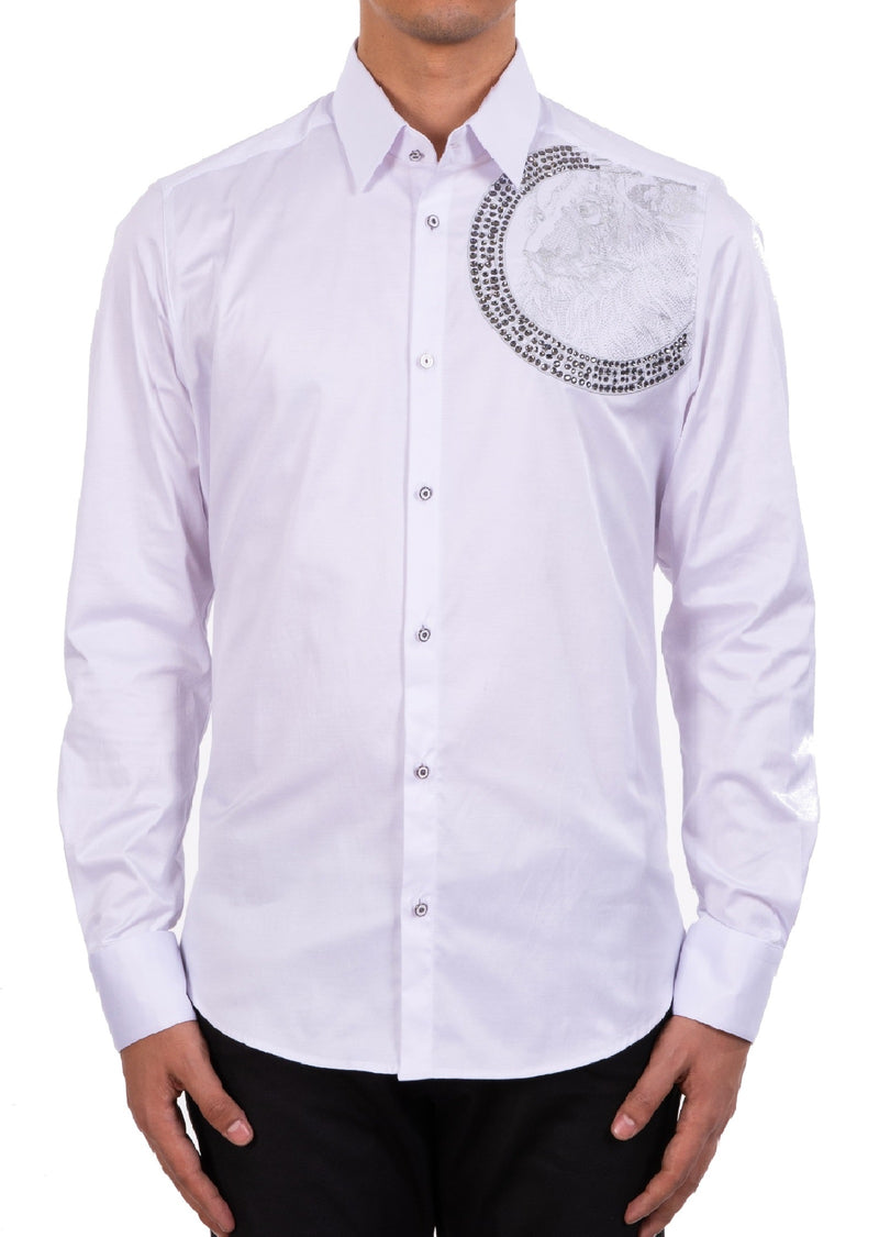White Silver Meander Lion Rhinestone Shirt