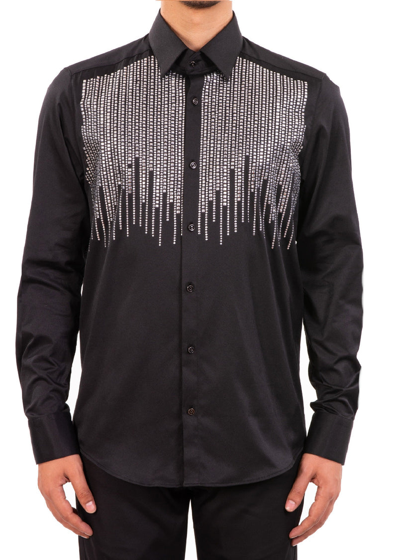 Black Silver Rain drop Rhinestone Shirt 4XL / Black / COTTON/LYCRA