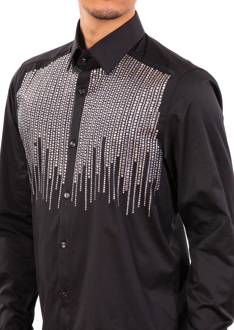 Black Silver Rain drop Rhinestone Shirt 4XL / Black / COTTON/LYCRA Black Silver Rain drop Rhinestone Shirt 4XL / Black / COTTON/LYCRA