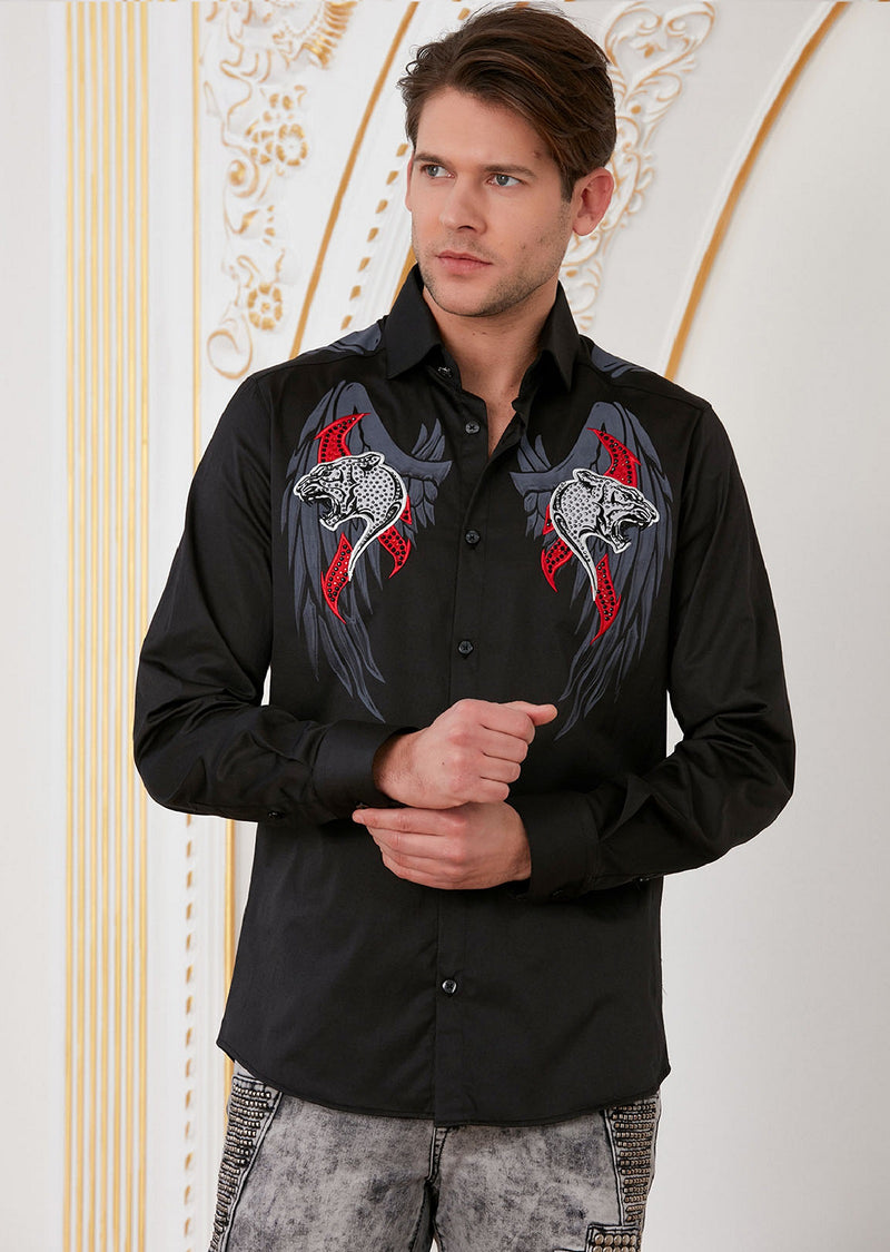 Black Cougar Rhinestone & Embroidered Shirt