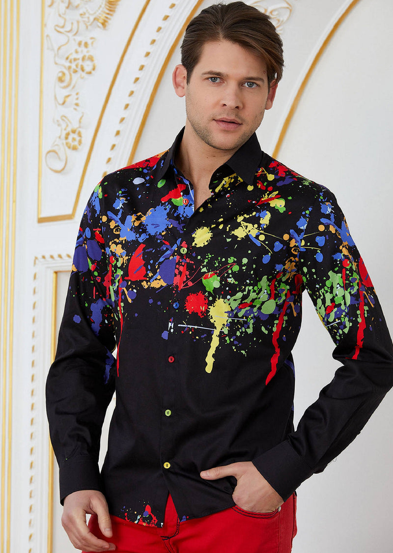 painted dress shirt Splatter Paint Mens Dress Shirt, Cotton Button Down, Gift for Man, Streetwear Menswear, Artsy, Handmade Psychedelic Rave Festival, Graffiti