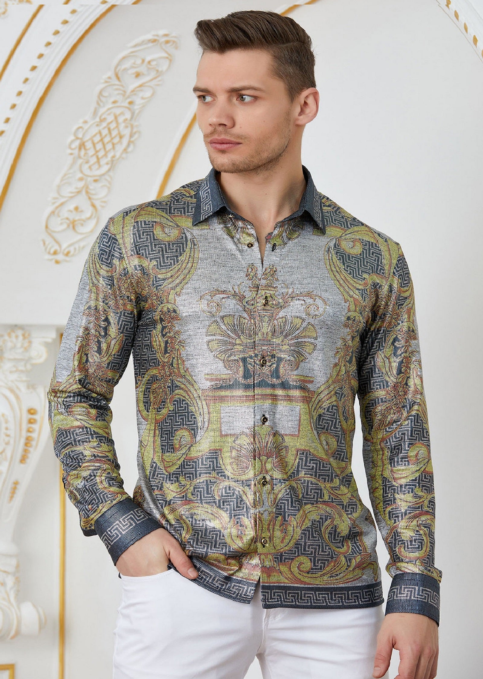 GOLD Silver Baroque Print Shirt XXL / GOLD / COTTON GOLD Silver Baroque Print Shirt XXL / GOLD / COTTON