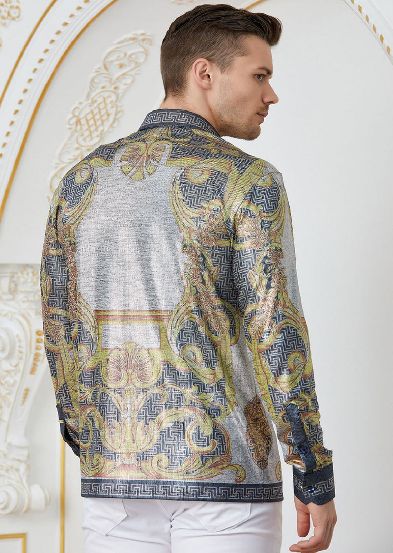 dress shirt semi formal baroque attire for men GOLD Silver Baroque Print Shirt XXL / GOLD / COTTON