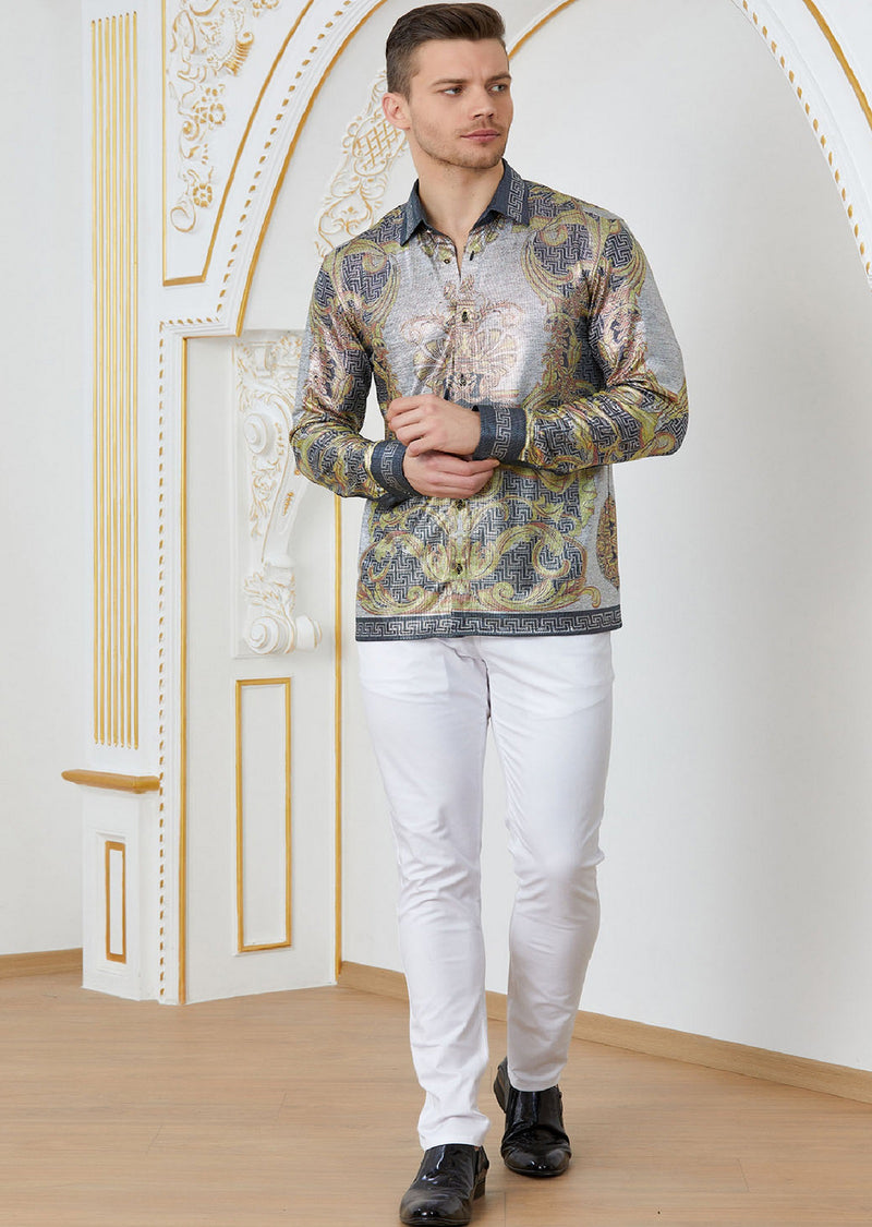 dress shirt semi formal baroque attire for men Men's Sicilian Majolica Print - Seersucker Cotton Contemporary two tone printed Baroque Mens Shirt Barabas Men's See Through Floral