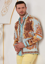 Turquoise Brown Meander Silky Shirt