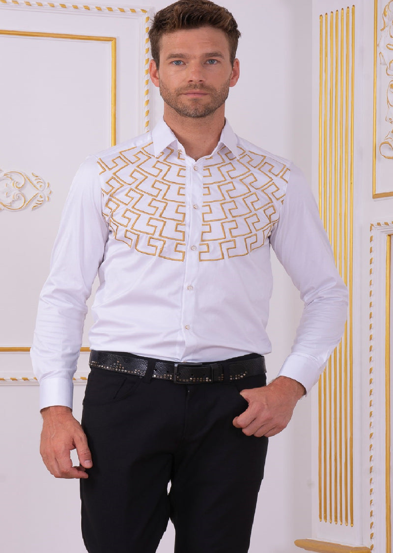 White Gold Meander Embroidery Shirt