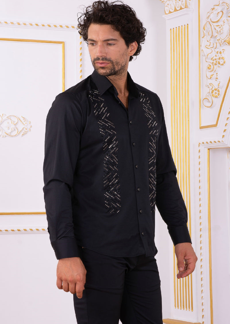 Black Front Panel Rhinestone Shirt XL / Black / COTTON/LYCRA