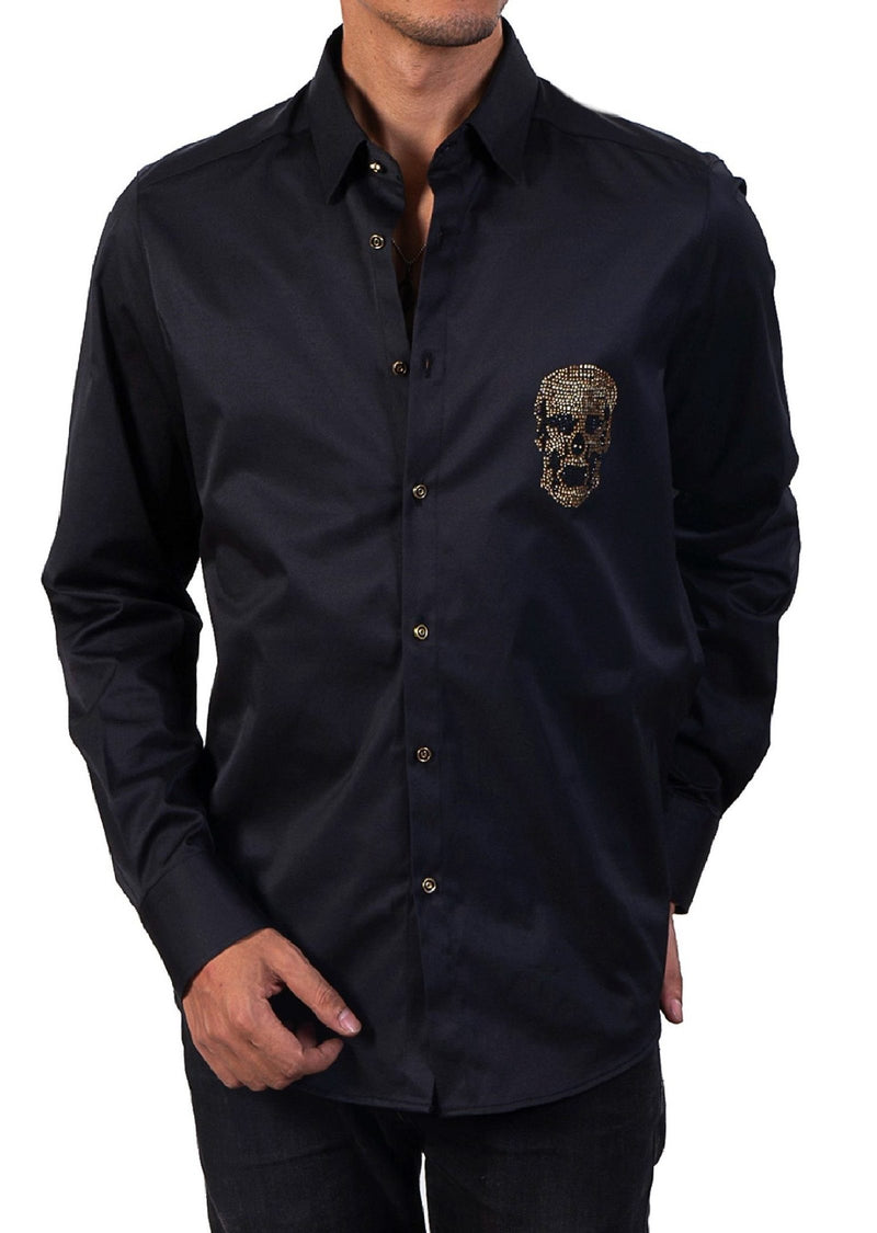 mens skull dress shirt Amazon.com: Vintage Flower Graphic Long Sleeve Button Down Fashion Shirt XS : Clothing, Shoes & Jewelry Contrast Fabric Under Collar Black Gold Skull Rhinestone Shirt