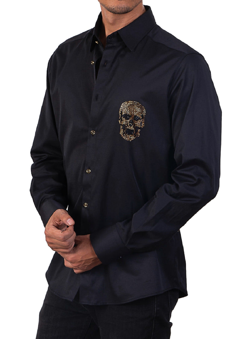 Black Gold Skull Rhinestone Shirt 4XL / Black / COTTON/LYCRA Black Gold Skull Rhinestone Shirt 4XL / Black / COTTON/LYCRA