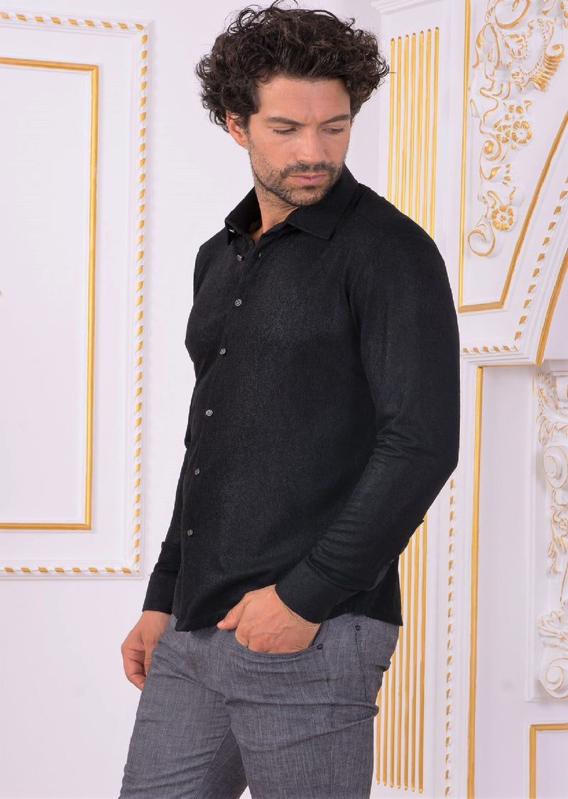 Black Metallic Crackle Brocade Shirt