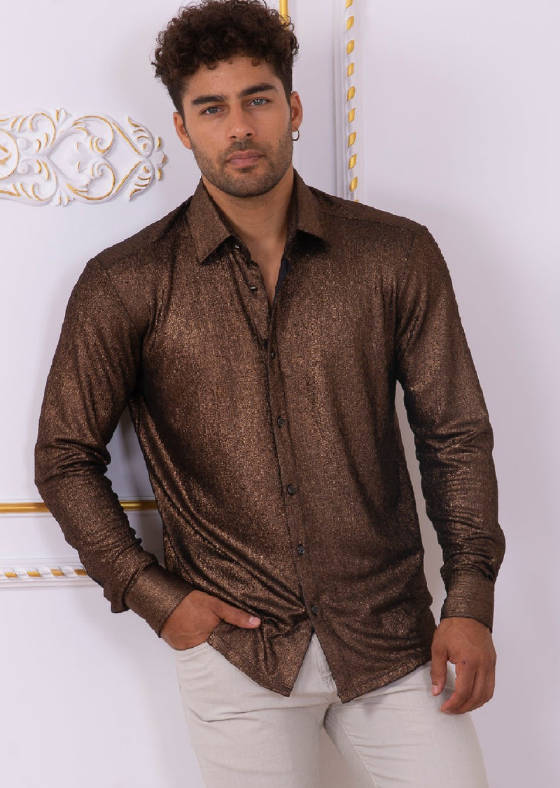 Brown Metallic Crackle Brocade Shirt