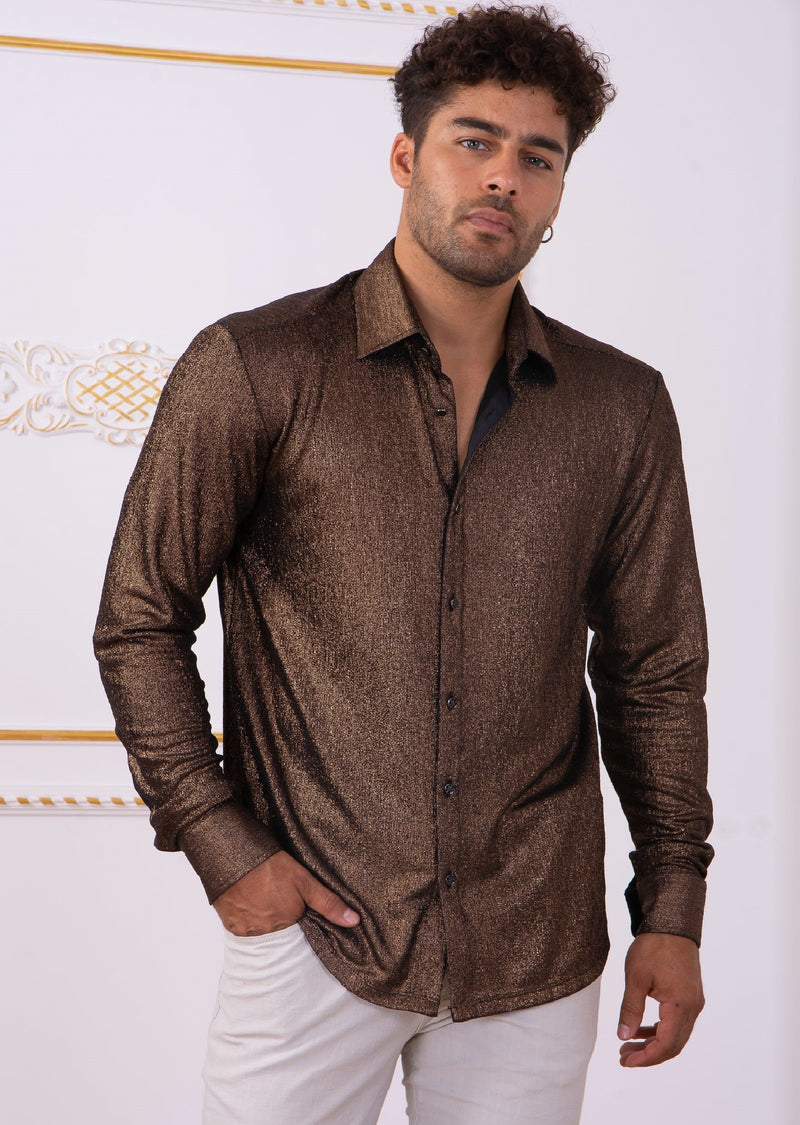 Brown Metallic Crackle Brocade Shirt MONDO Menswear Brown Metallic Crackle Brocade Shirt MONDO Menswear