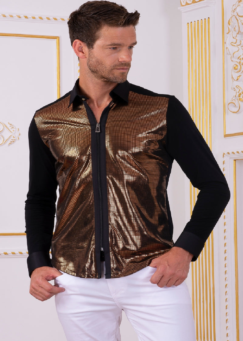 Black Gold Shine Zipper Shirt