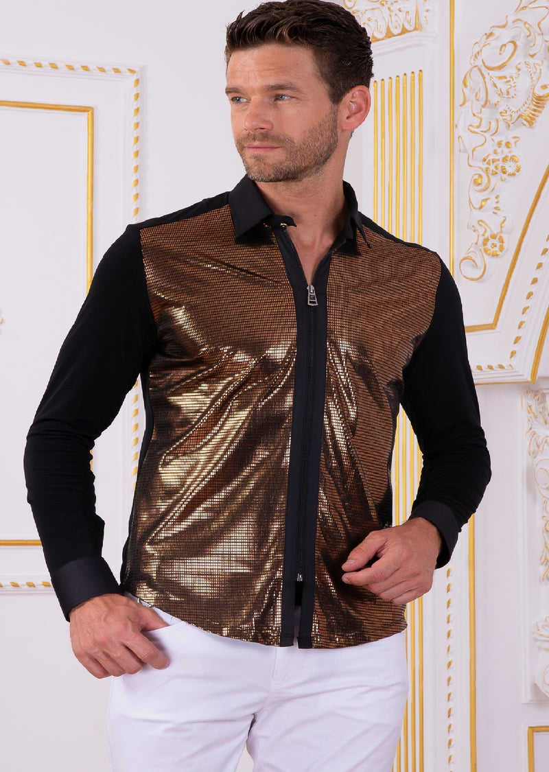 Black Gold Shine Zipper Shirt