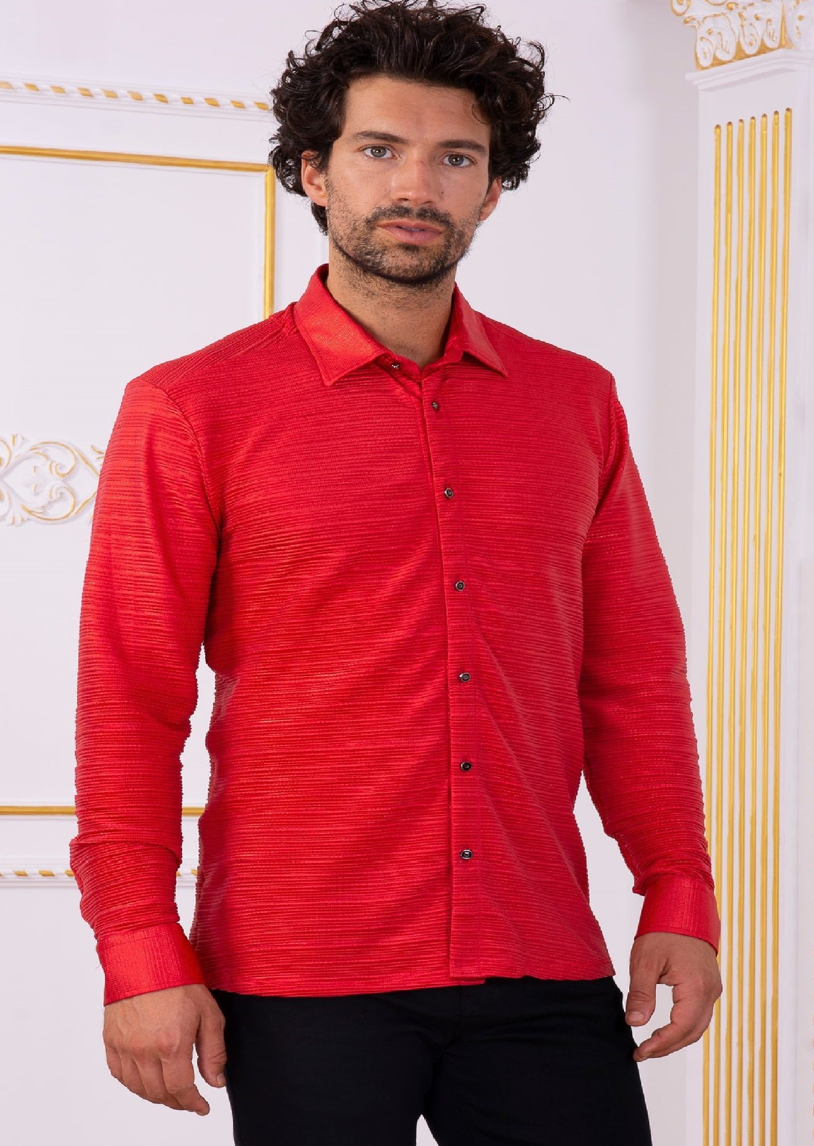 red metallic shirt