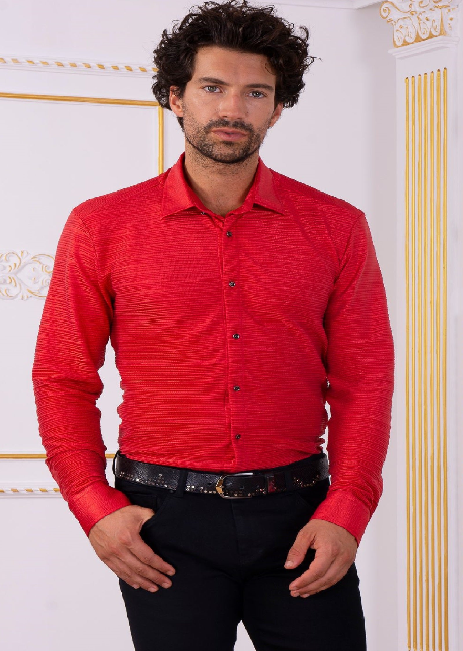 red dressing shirt for men Hisdern Men's Red Paisley Splicing Dress Shirt For Office Wear M