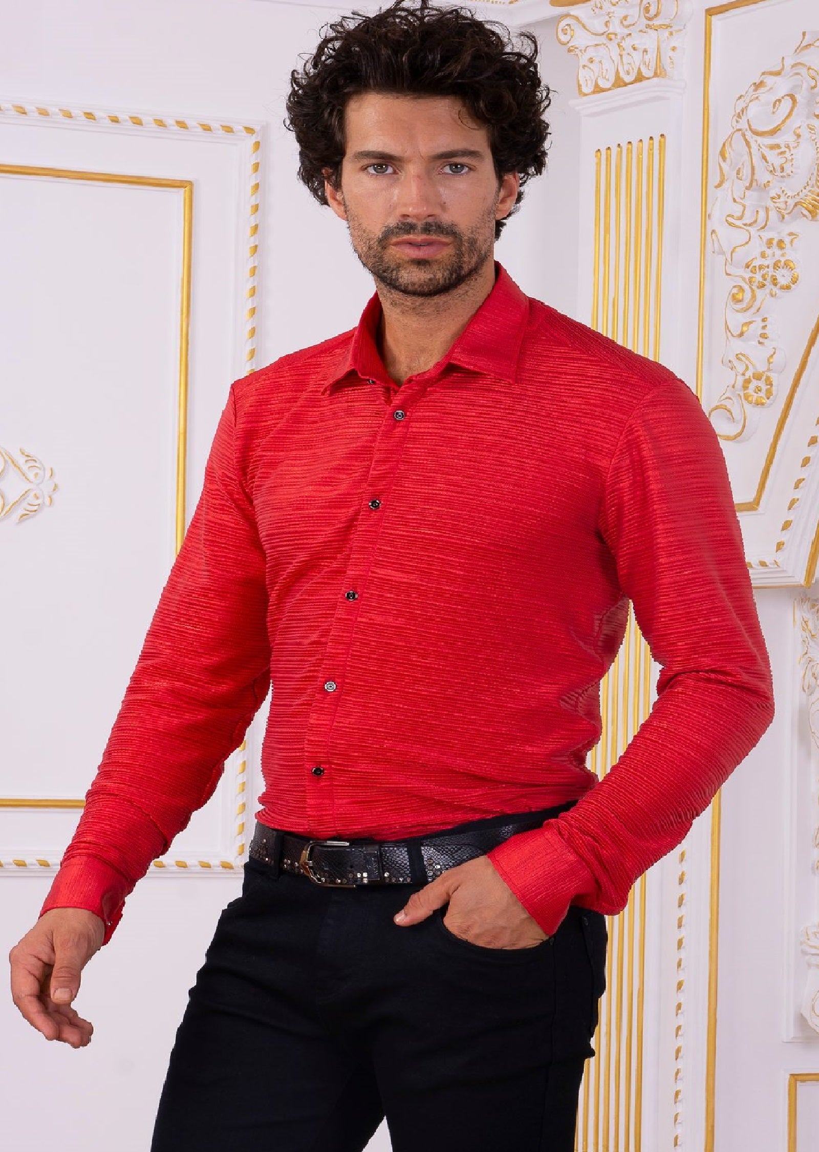 RED Metallic Texture Shirt 3XL / RED / COTTON/POLY/LYCRA