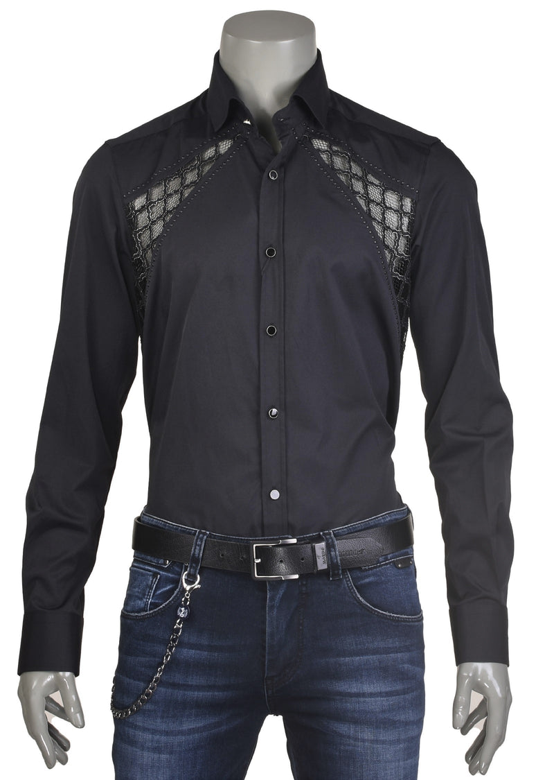 Black "Milano" Lace Studded Shirt