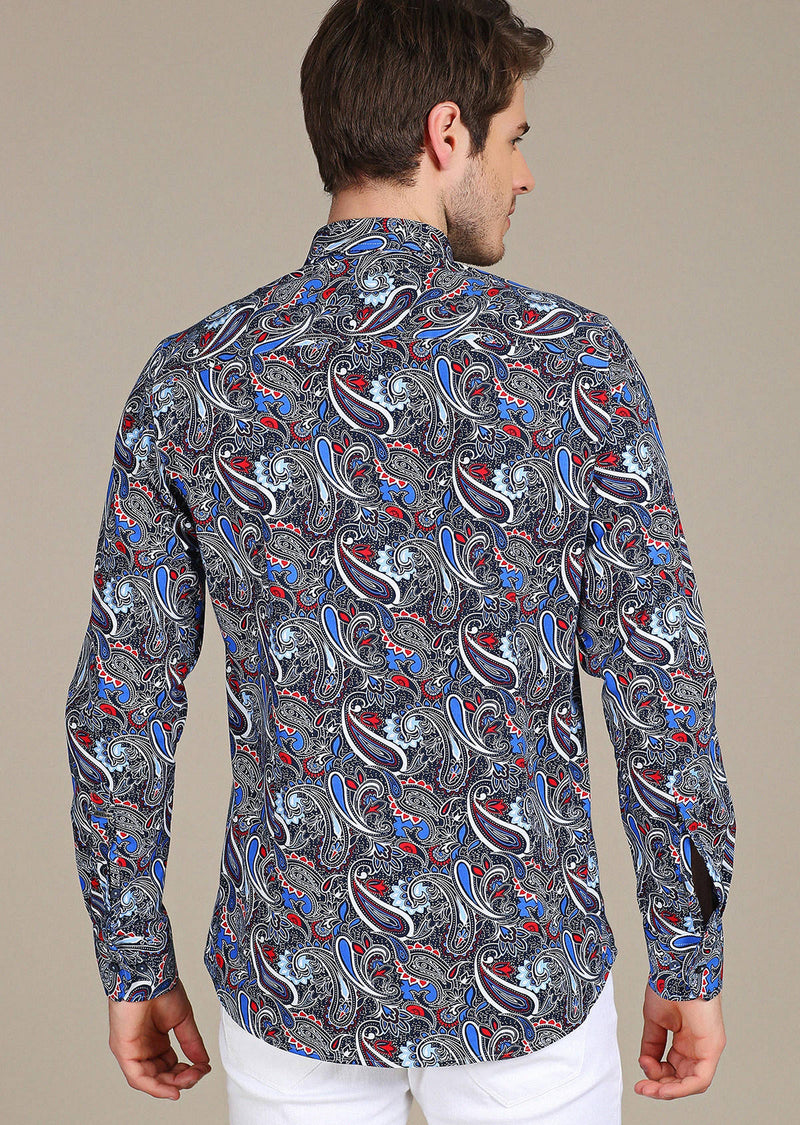 dark blue paisley shirt