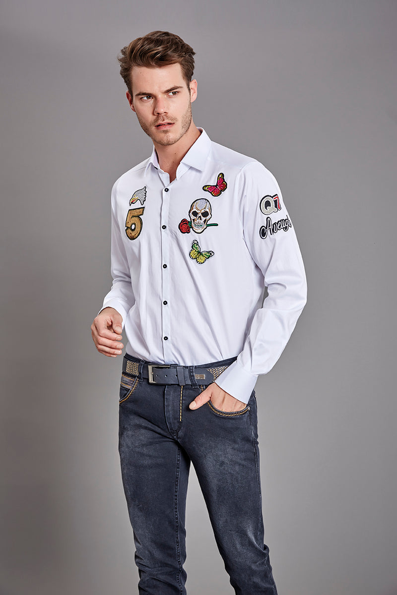 White Embroidery Patches Shirt L / White / COTTON/LYCRA White Embroidery Patches Shirt L / White / COTTON/LYCRA