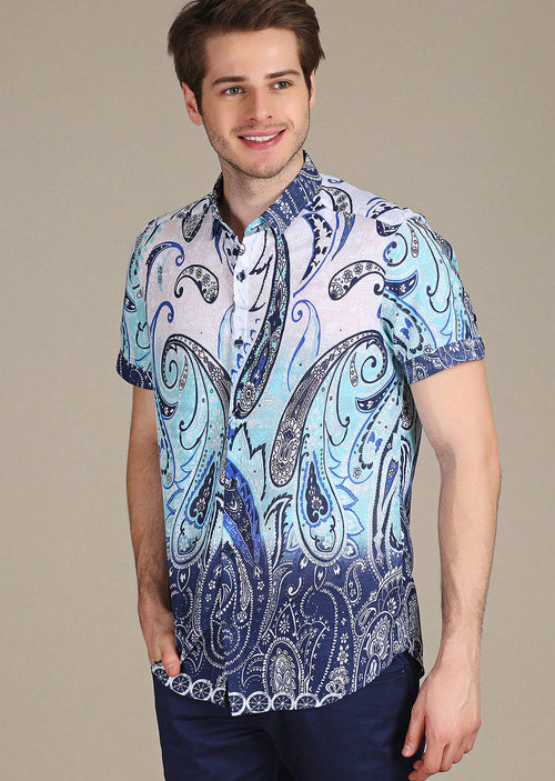 Blue Paisley Print Short Sleeve Shirt