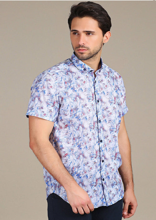 Blue Faded Paisley Print Short Sleeve Shirt