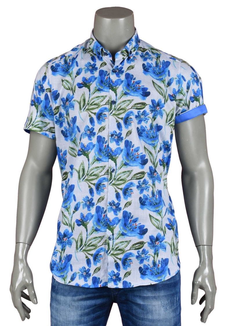 Blue Floral Print Short Sleeve Shirt