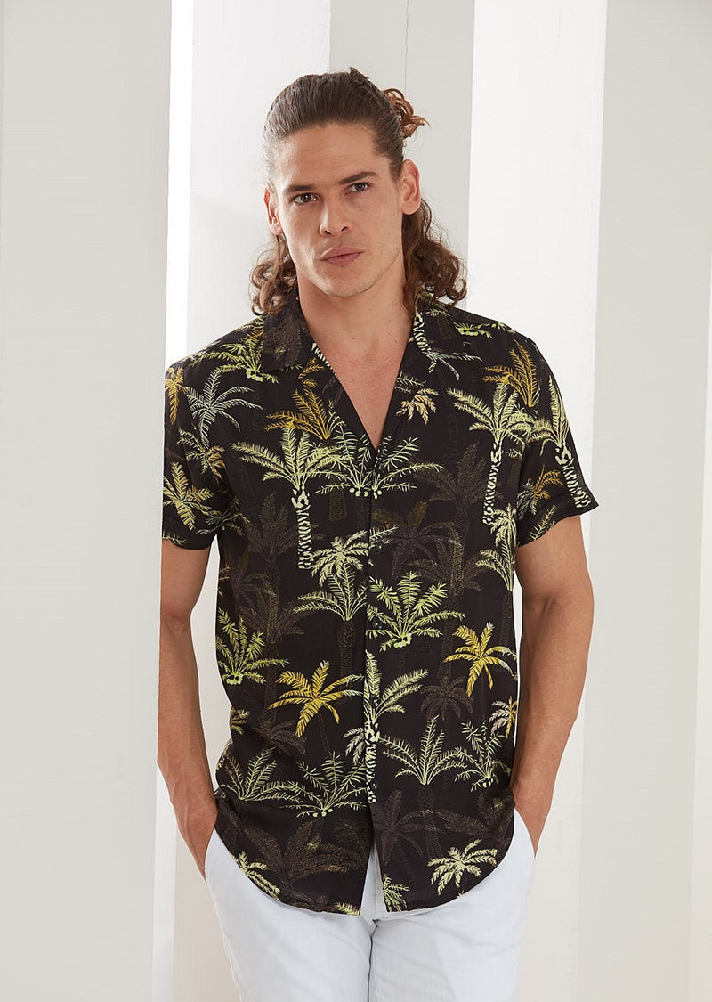 Black Palm Tree Print Short Sleeve Shirt