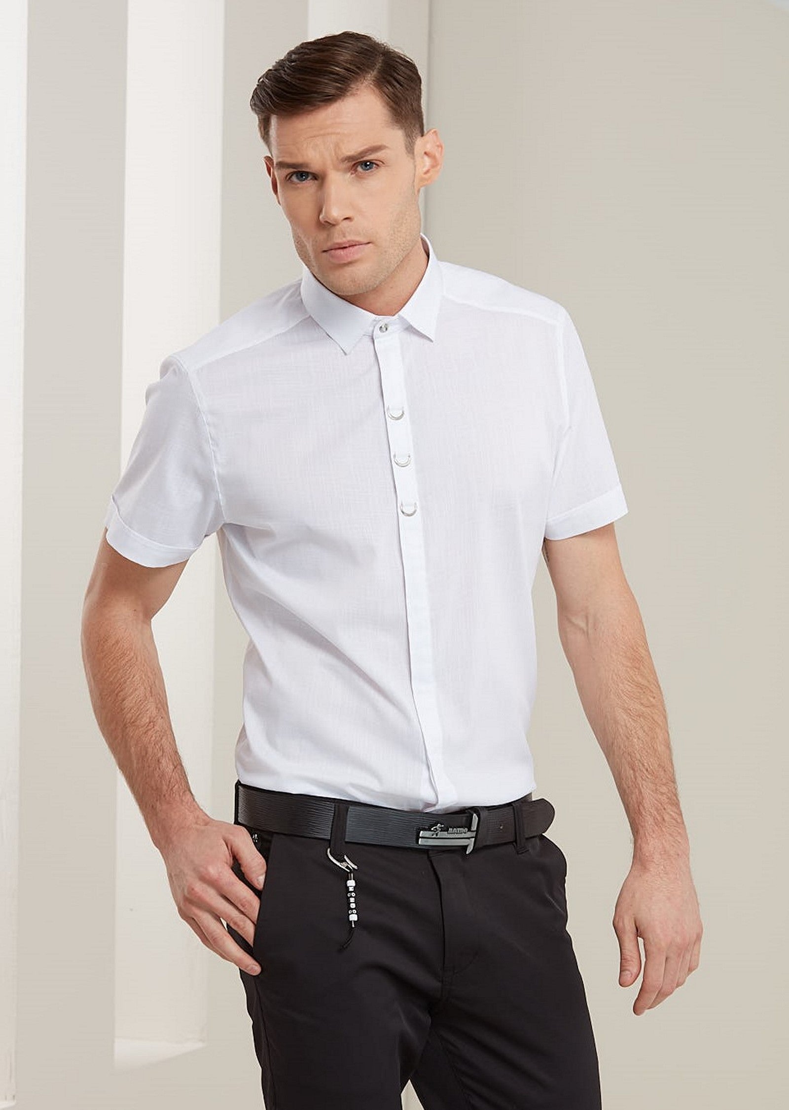 White Luxury Buckle Short Sleeve Shirt L / White / COTTON White Luxury Buckle Short Sleeve Shirt L / White / COTTON