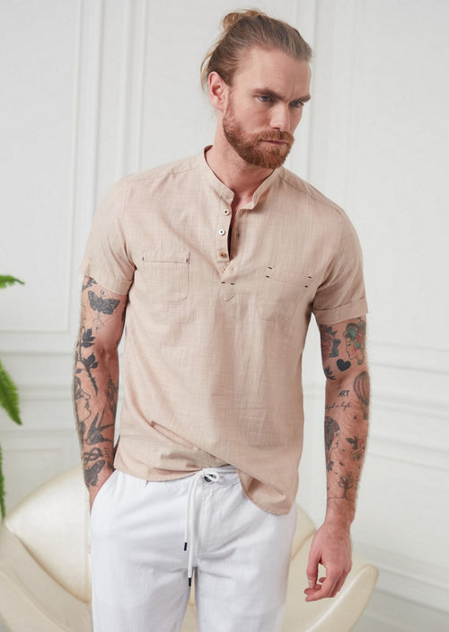 Beige Half-Placket Short Sleeve Shirt