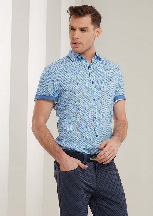 Blue Geo Cut Short Sleeve Shirt