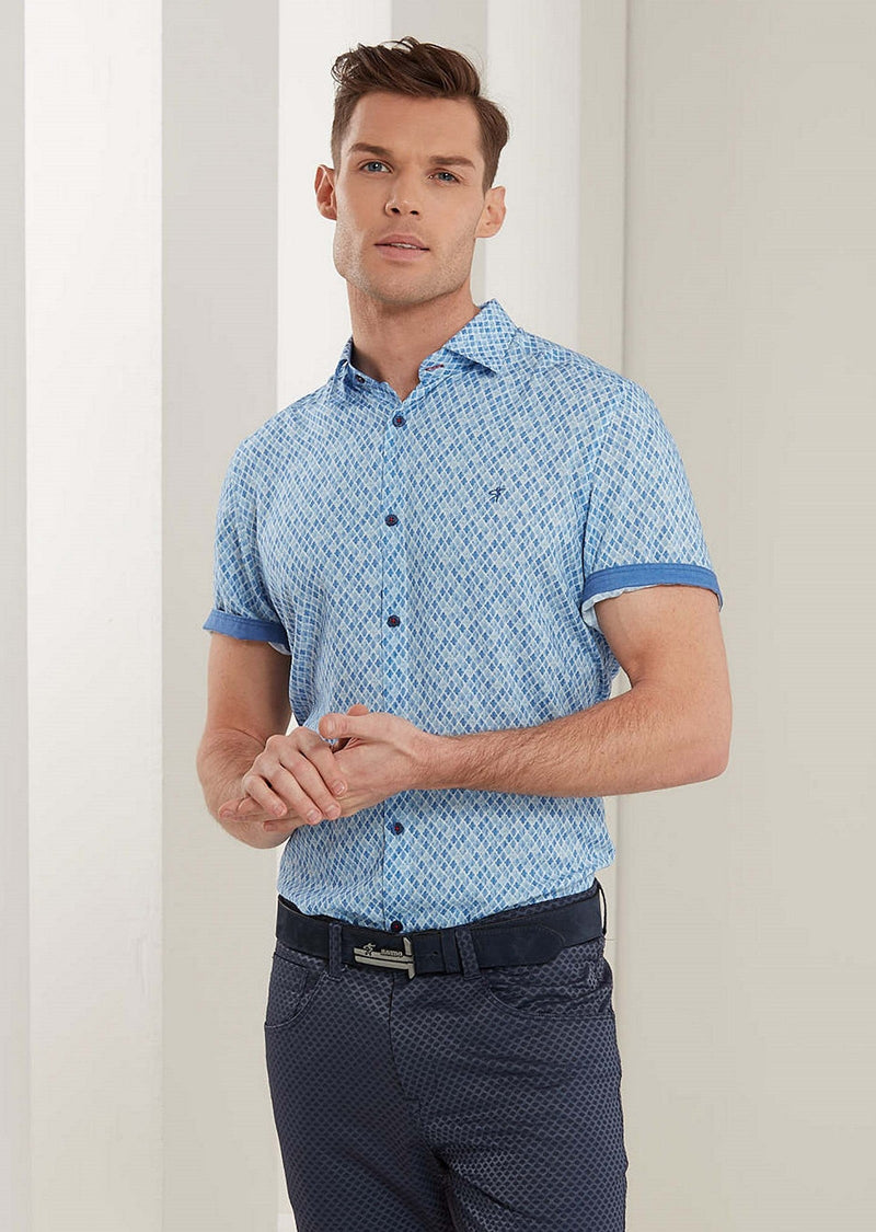 Blue Geo Cut Short Sleeve Shirt