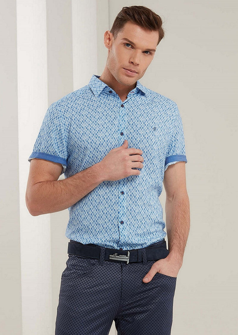 Blue Geo Cut Short Sleeve Shirt