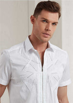White Embroidery Studded Zipper Shirt