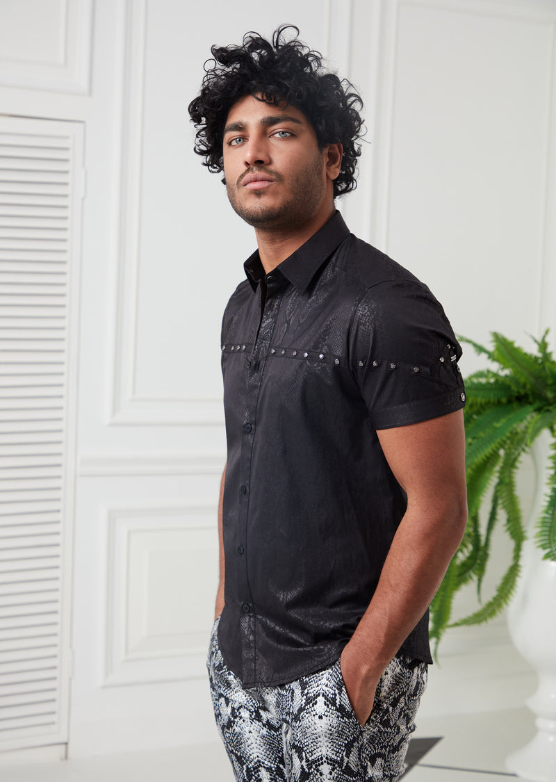 Black Snake Print Studded Shirt
