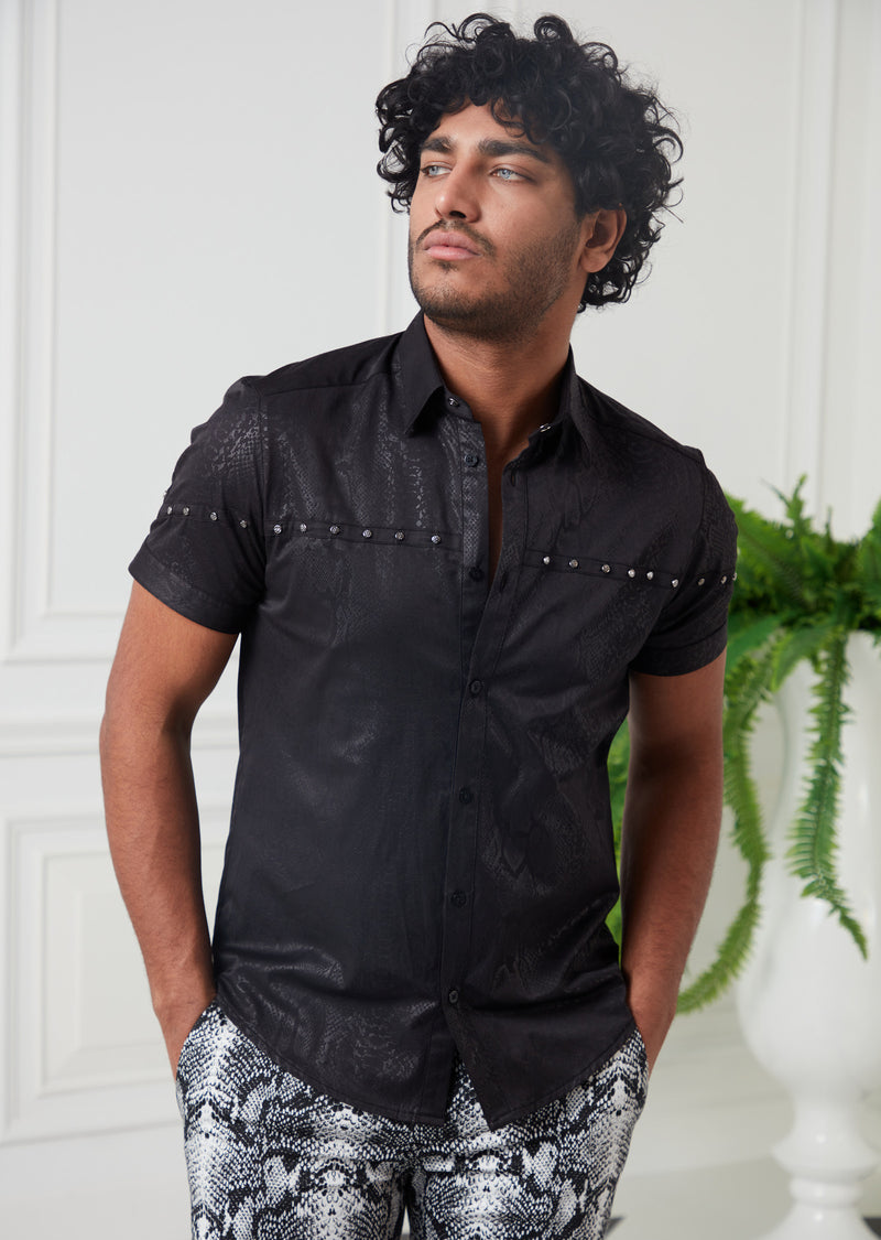 Black Snake Print Studded Shirt