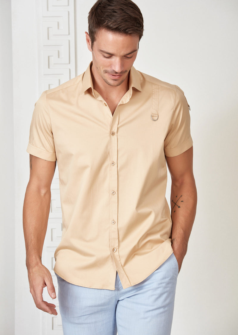 Beige Buckle Detailed Short Sleeve Shirt