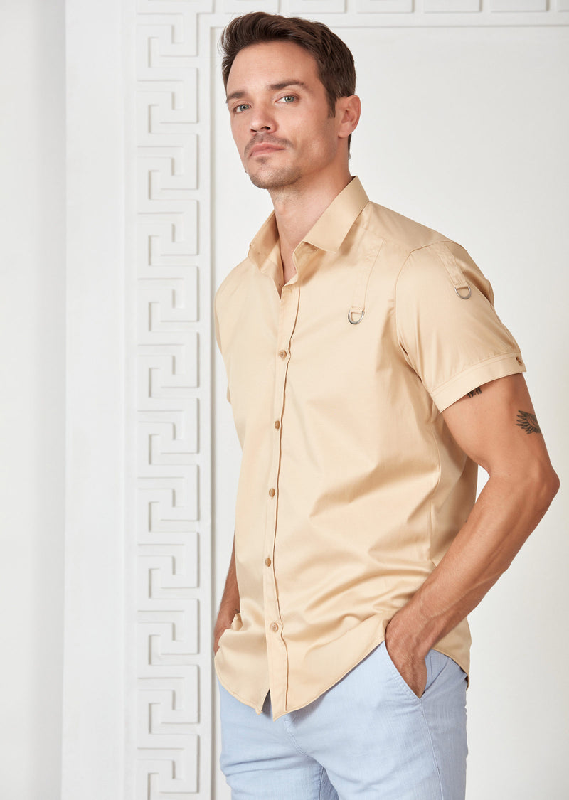 Beige Buckle Detailed Short Sleeve Shirt