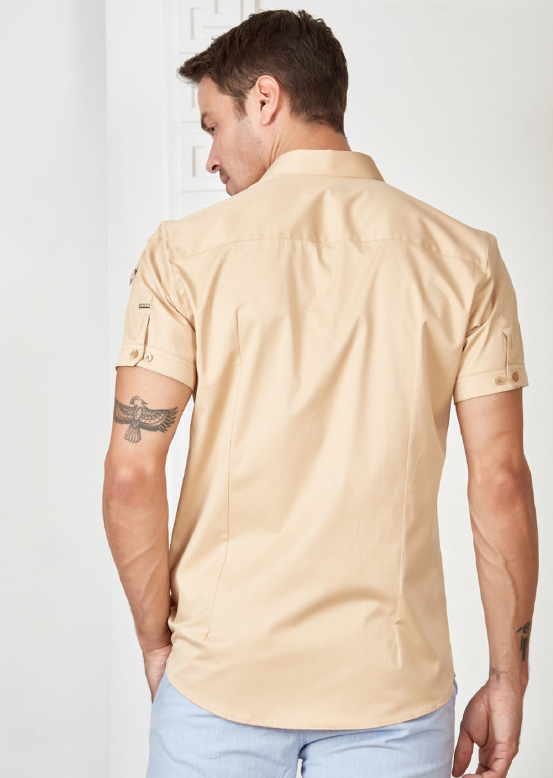 Beige Buckle Detailed Short Sleeve Shirt
