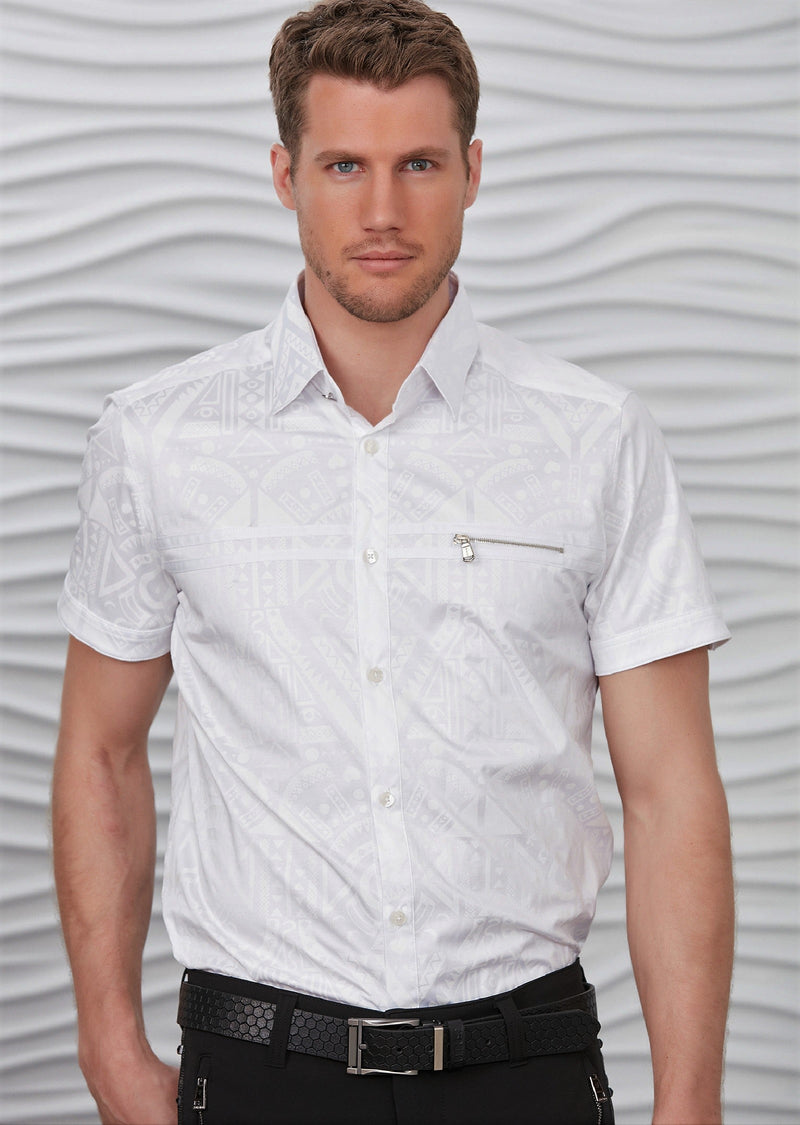 White Aztec Print Short Sleeve Shirt