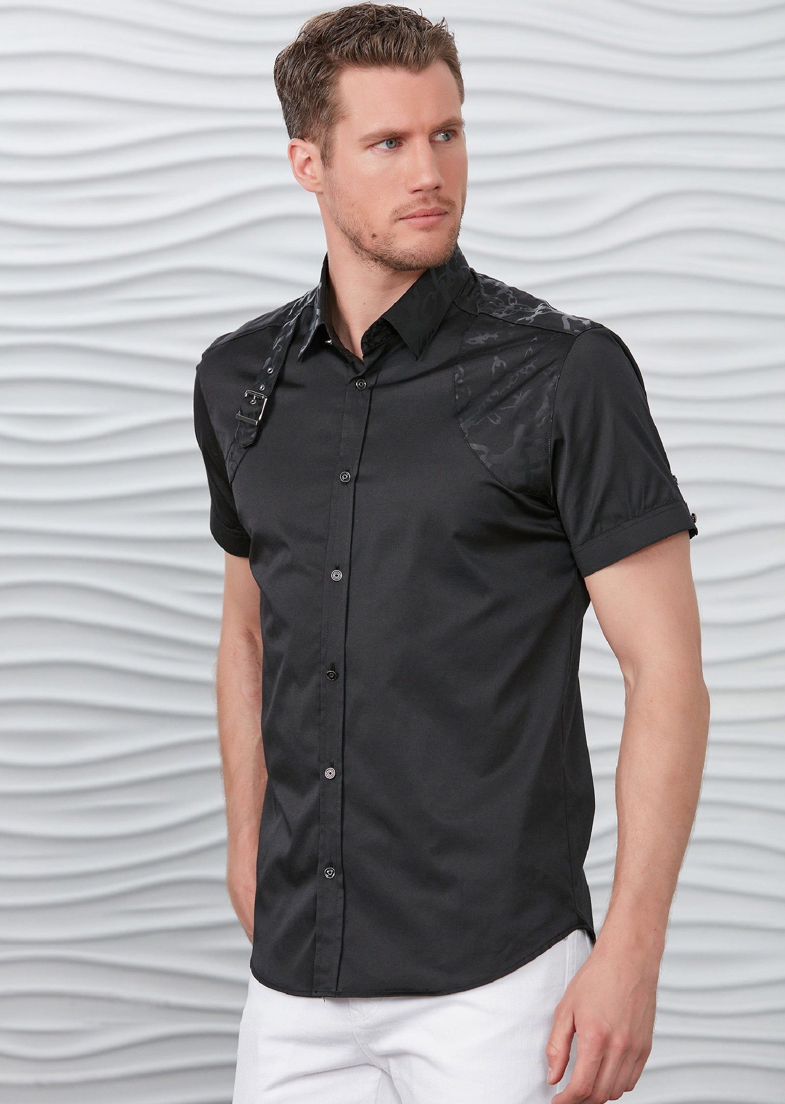 dress shirt with harness Military Green Asymmetrical Leather Harness with Signature Medallion