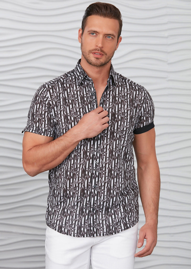 Black White Stripe Palm Print Shirt