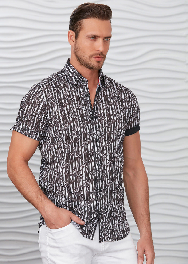 Black White Stripe Palm Print Shirt
