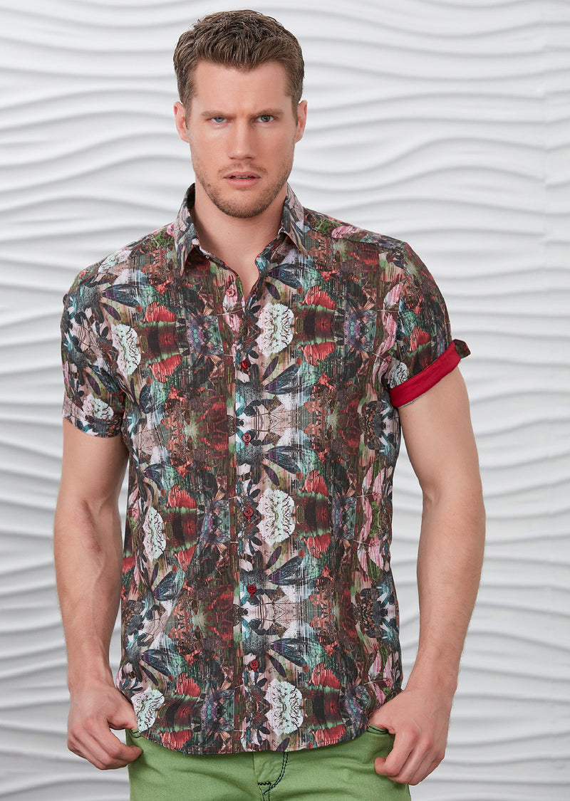 Green Red Floral Short Sleeve Shirt 3XL / Red / Cotton Green Red Floral Short Sleeve Shirt 3XL / Red / Cotton