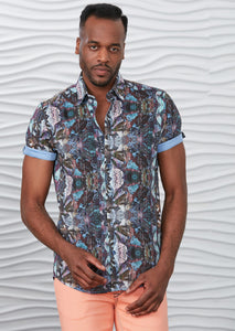 Blue Floral Print Short Sleeve Shirt