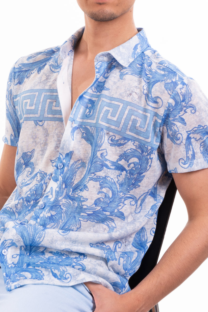 Blue Baroque Meander Linen Shirt