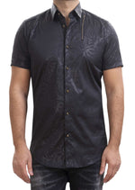 Black Damask Print Zipper Shirt