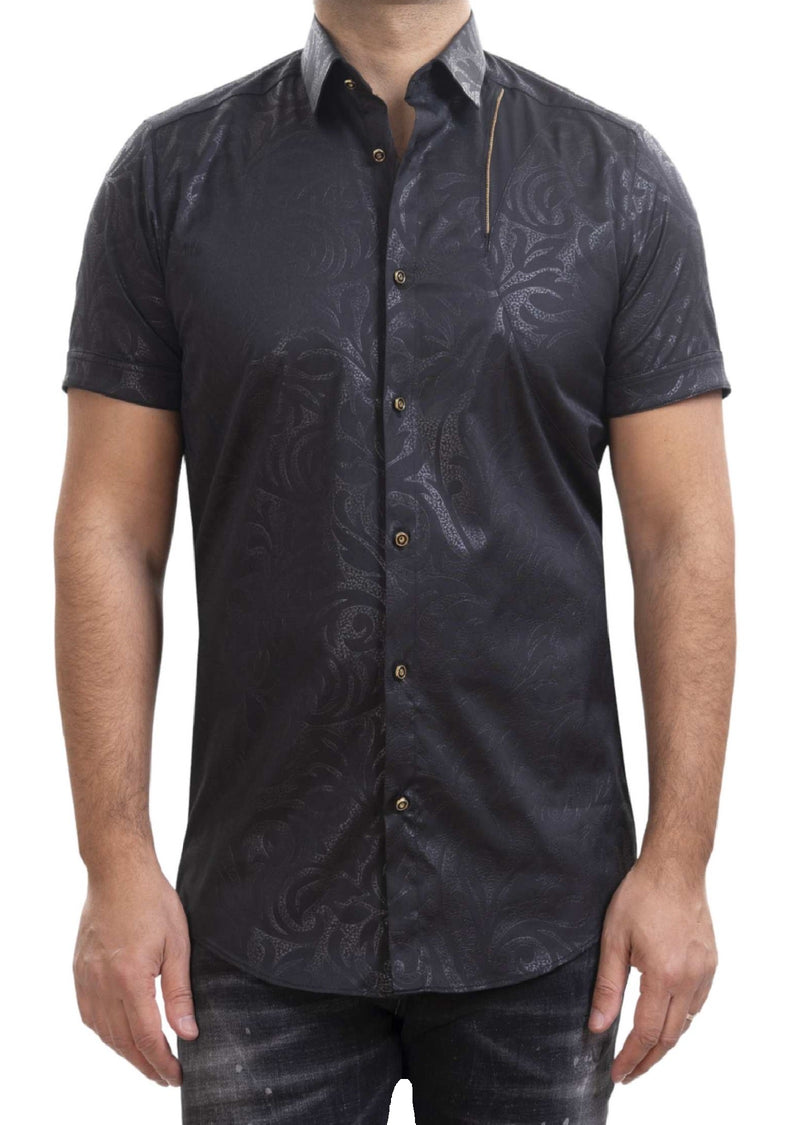 Black Damask Print Zipper Shirt