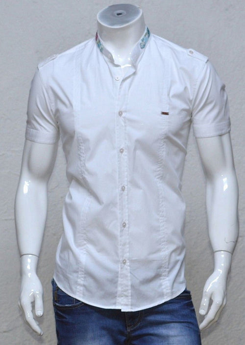 White Mandarin Collar Short Sleeve Shirt