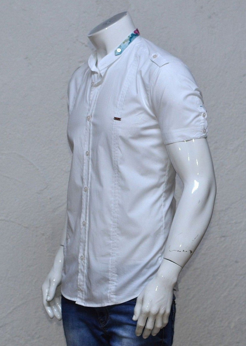 White Mandarin Collar Short Sleeve Shirt